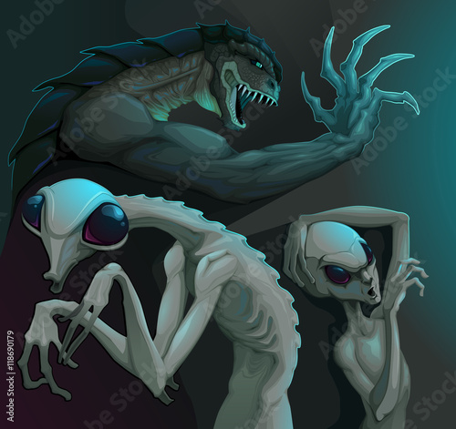 Three types of aliens: reptilian, grey and insectoid Fototapeta