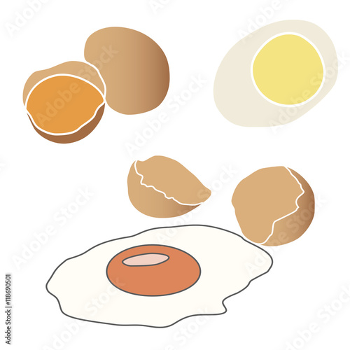 Abstract vector illustration of logo for whole,cooked,fried,peeled,broken eggs,eggshell blue,yolk yellow,white protein.Icon for cafe,bar,restaurant,shop,market,advertisement,white background photo