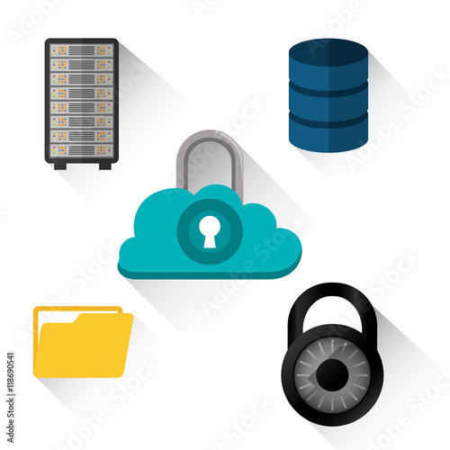padlock file cloud computing web hosting data center security system technology icon set. Colorful and flat design. Vector illustration