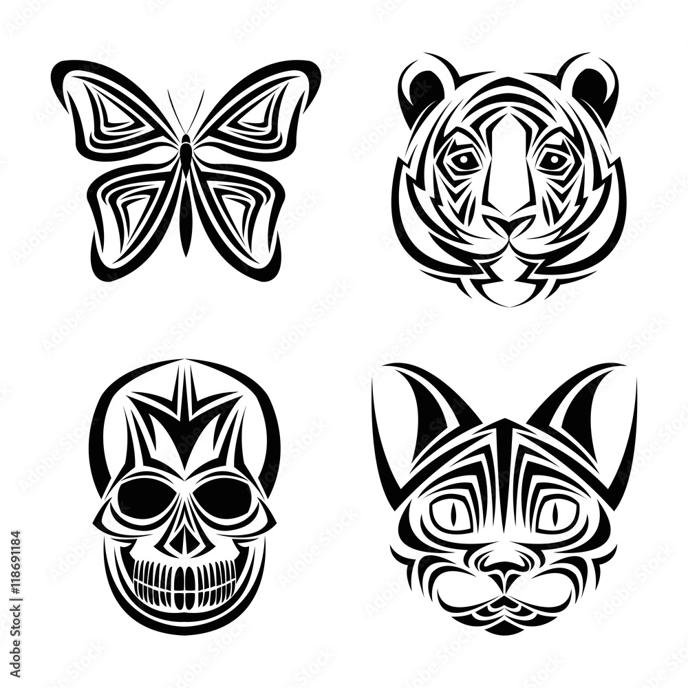 skull butterfly tiger cat tattoo draw abstract icon. flat and isolated  design. Vector illustration Stock Vector | Adobe Stock