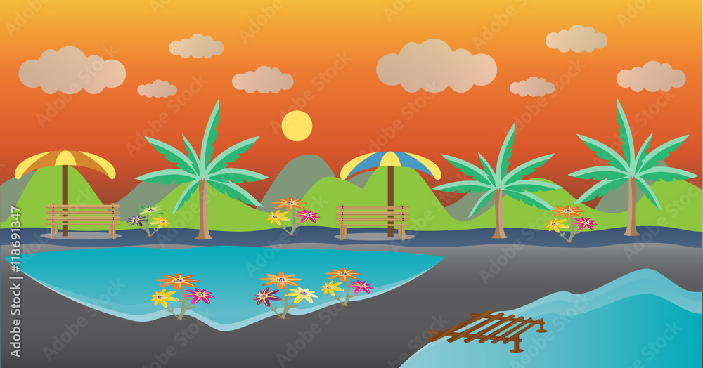 Lake landscape, Palm Tree  chair with mountain