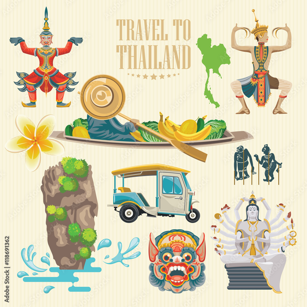 Fototapeta premium Travel Thailand landmarks. Thai vector icons. Vacations poster with thai ethnic elements