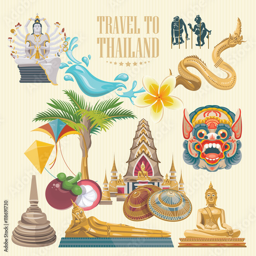 Travel Thailand landmarks. Thai vector icons. Vacations poster with thai ethnic elements