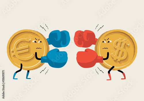Boxing Euro vs Dollar. Vector illustration about exchange rate, confrontation euro and dollar, the economy and financial markets in Europe, the U.S. and around the world.