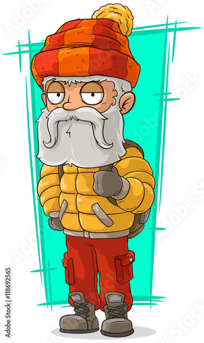 Cartoon old traveler in nylon jacket