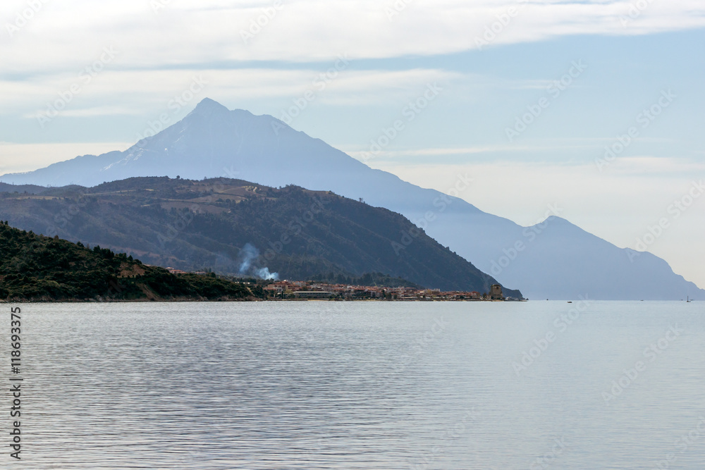Panoramic view to mount Athos, Self-governed monastic state of Mount Athos, Greece
