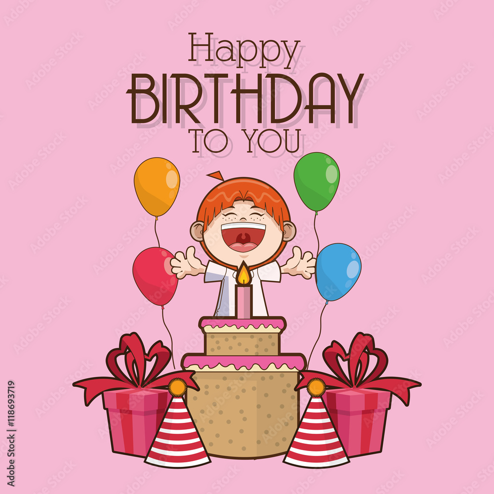 kid boy cartoon cake scream celebration happy birthday icon. Colorful ...