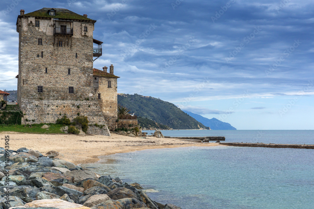 Amazing Seascape with Medieval tower in  Ouranopoli, Athos, Chalkidiki, Central Macedonia, Greece 