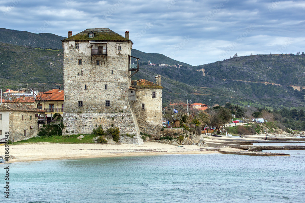 Panoramic view of Ouranopoli and Medieval tower, Athos, Chalkidiki, Central Macedonia, Greece 