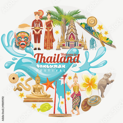 Songkran Festival in Thailand. Thai holidays. Cartoon Vector illustration