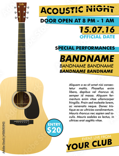 Acoustic night performance poster in your club / Indie musician concert show poster with realistic acoustic guitar