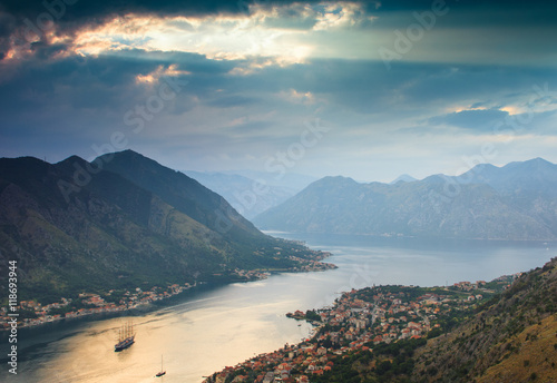Landscape Kotor bay in Montenegro. Balkans, Adriatic sea, Europe. View from the top of the mountain.