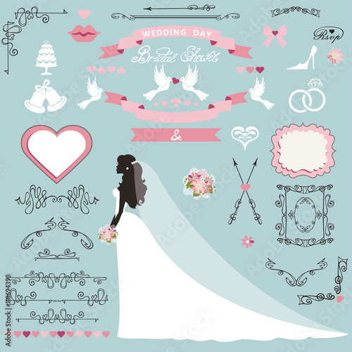 Wedding bridal shower decor set.Bride invitation 