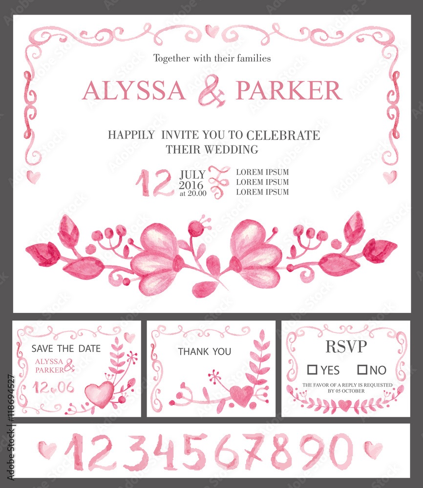 Wedding invitation cards set.Watercolor pink flowers,numbers