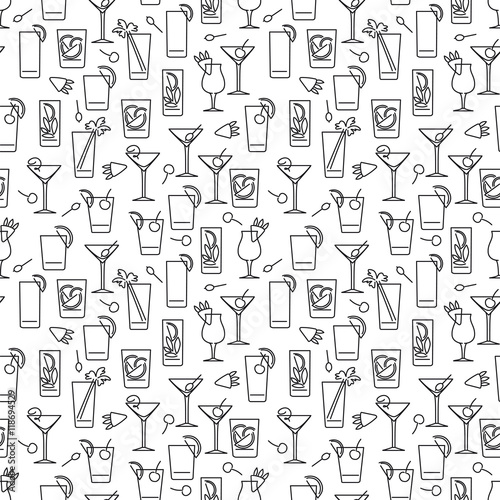 Black and white line cocktails seamless pattern vector