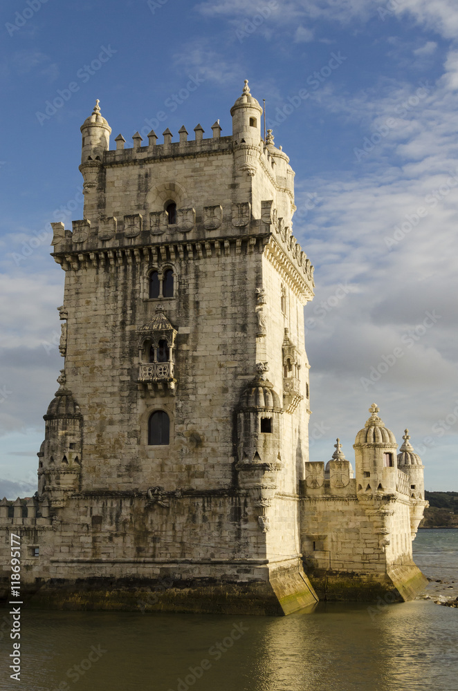rear view of the belem tower at sunset, symbol of lisbon