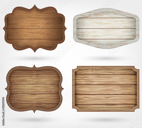 Wooden signs collection. 4 realistic wooden signs on isolated background. Vintage style.