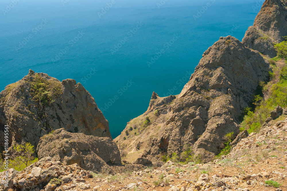 Spring landscape on Karadag volcanic mountain range, Black Sea shore in Crimean peninsula