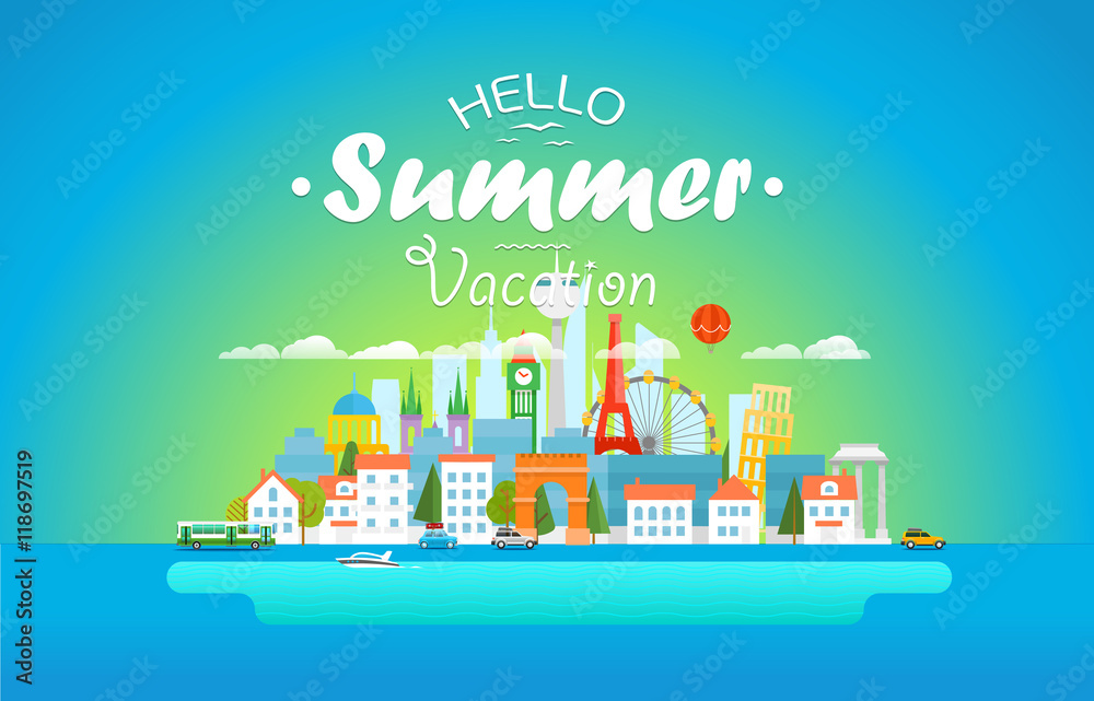 Hello summer vacation concept. Cityscape Vector illustration