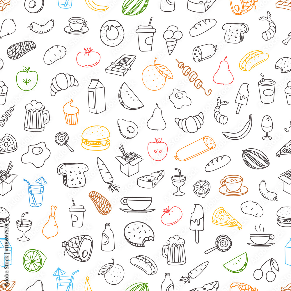 Different color food doodles seamless background. Lineart hand-d Different color food doodles seamless background. Lineart hand-d
