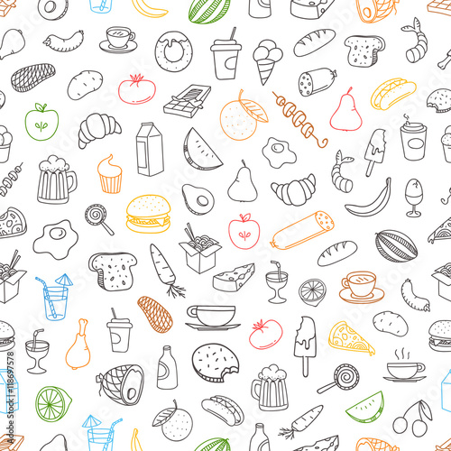 Different color food doodles seamless background. Lineart hand-d