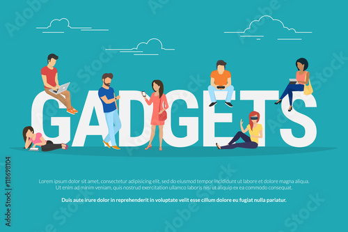 Gadgets concept illustration of young people using devices such as laptop, smartphone, tablets, smart watches and vr helmets. Flat design of gadgets addiction for website banner and landing page