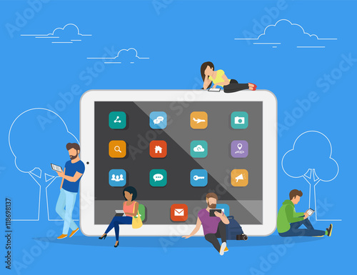 Young men and women are standing near big tablet and using their own tablet computers, reading news and texting message to friends. Flat concept illustration of mobile gadgets usability on blue
