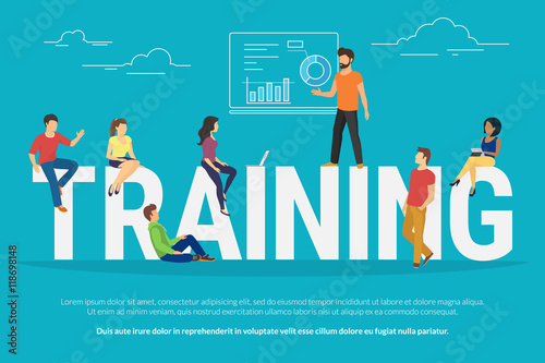 Training concept illustration of young people attending the professional training with skilled instructor. Flat design of guys and young women sitting on the big letters