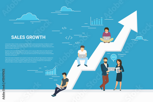 Business growth concept illustration of business people working together as team and sitting on the big arrow. Flat people working with laptops to develop business. Blue background with copy space
