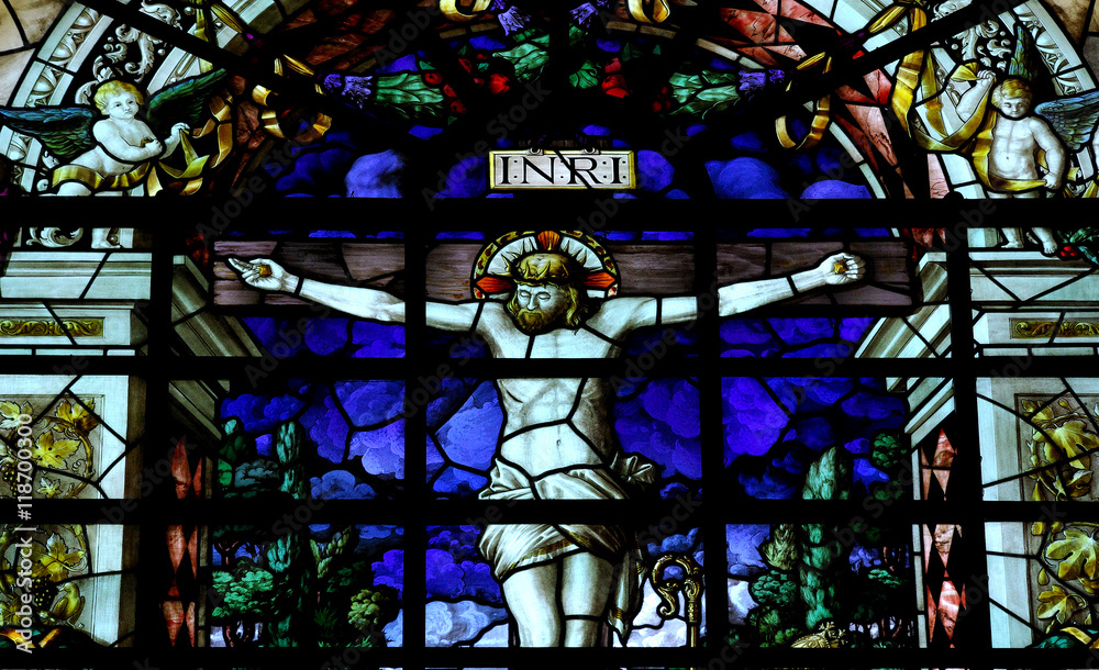 Jesus Christ crucified (stained glass) - obrazy, fototapety, plakaty 