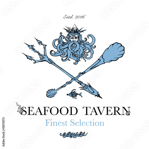 Seafood restaurant and seafood menu identity - Logo with God of Sea Poseidon and sea-style cutlery. Vector Illustration