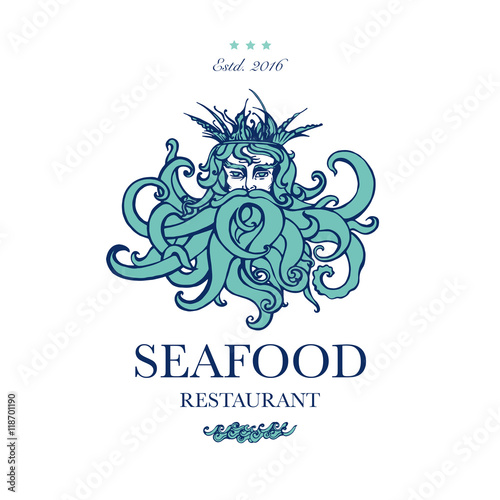 Seafood restaurant and seafood menu identity - Logo with God of Sea Poseidon. Vector Illustration