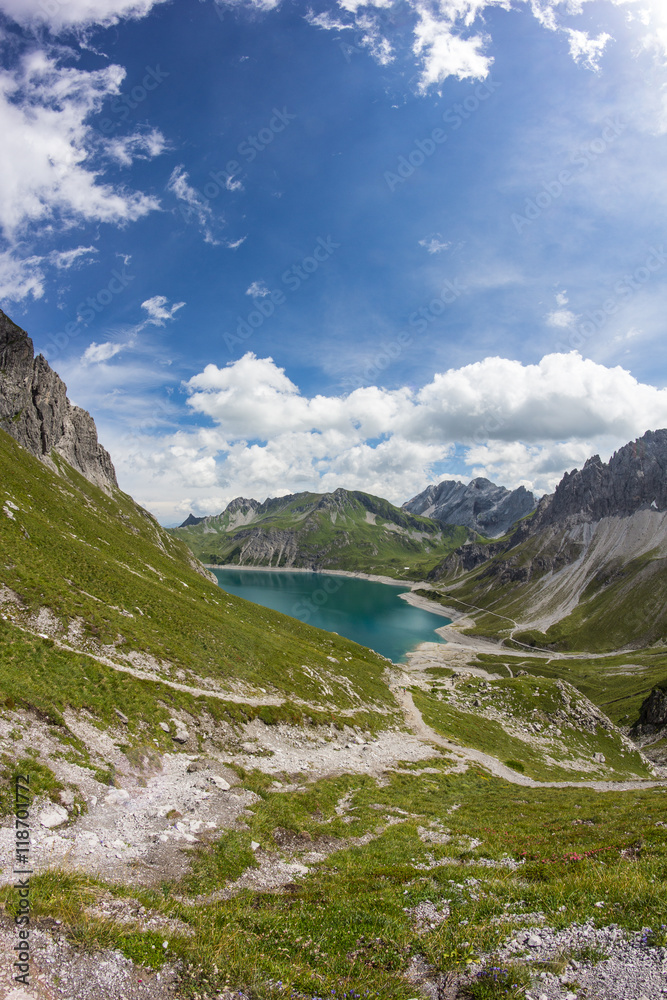 View From Totalp Down To Lake Luenersee In Vorarlberg Austria