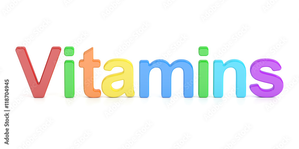 Vitamins, colored inscription. 3D rendering Vitamins, colored inscription. 3D rendering