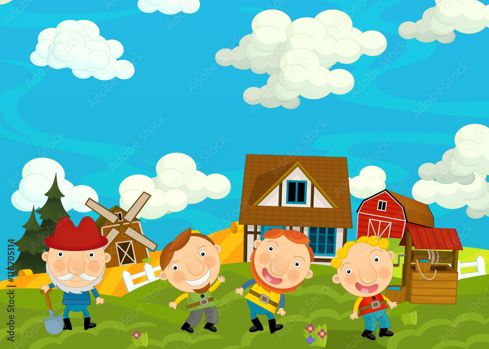 Cartoon funny and cheerful scene with happy farmers - illustration for children