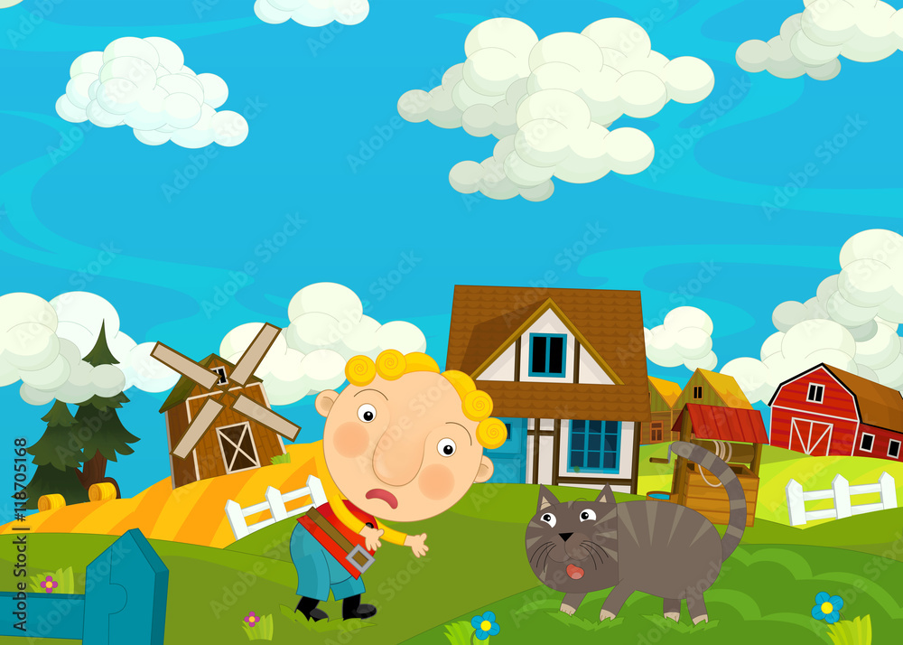 Fototapeta premium Cartoon happy and funny scene with young man and cat - illustration for children
