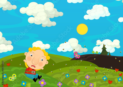 Cartoon scene with boy on the meadow - illustration for children