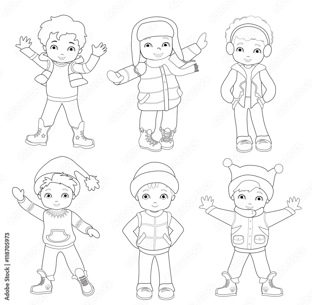 Set coloring of characters funny boys in winter.