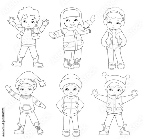 Set coloring of characters funny boys in winter.