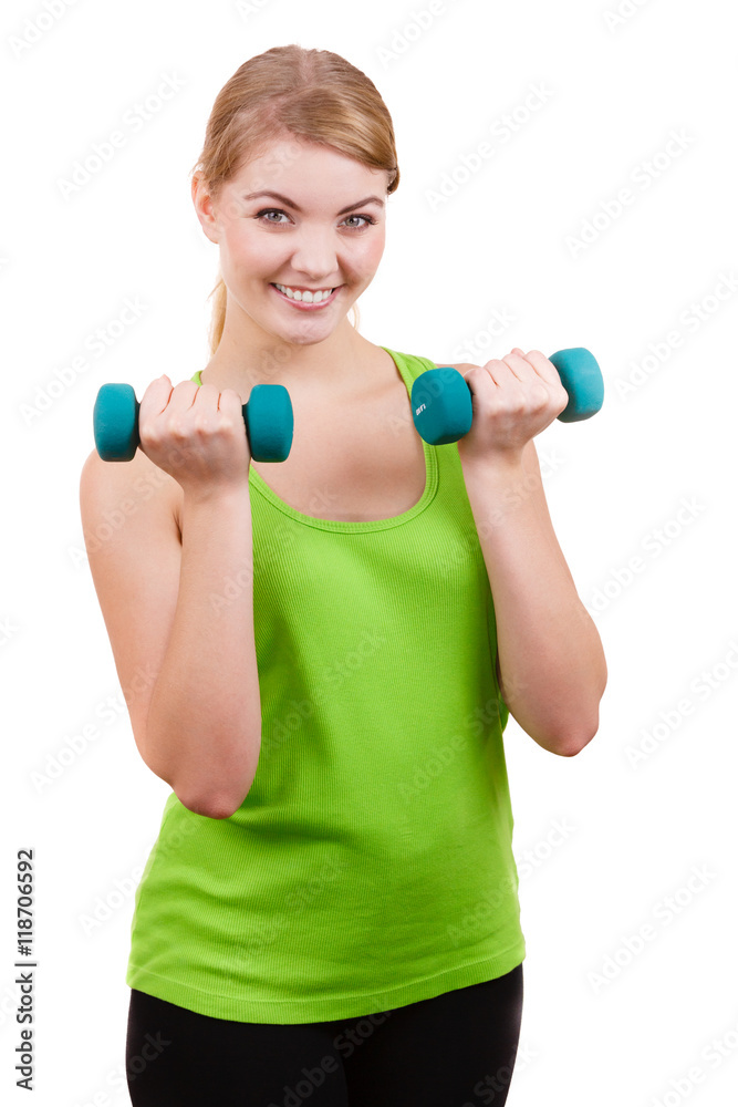 Woman exercising with dumbbells lifting weights Woman exercising with dumbbells lifting weights