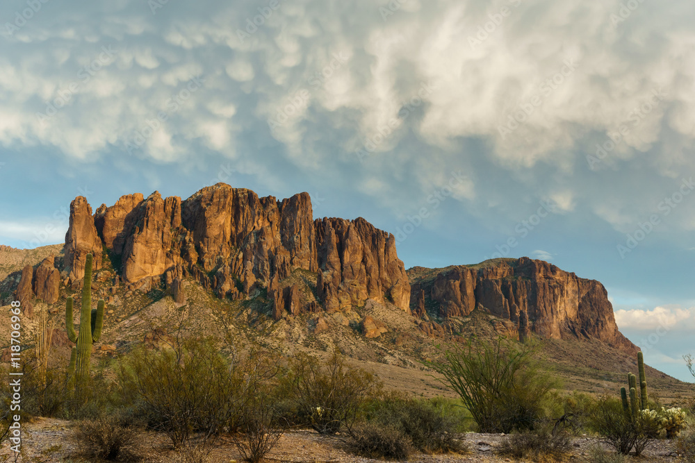 Sunset approaches the Superstition Mountains