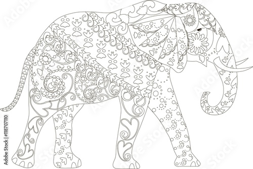 Fototapeta Naklejka Na Ścianę i Meble -  Stylized black and white hand drawn elephant, anti stress, vector illustration