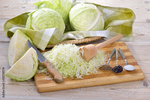 Weißkraut in Vorbereitung für die Herstellung von Sauerkraut  - German white cabbage in preparation for making sauerkraut photo