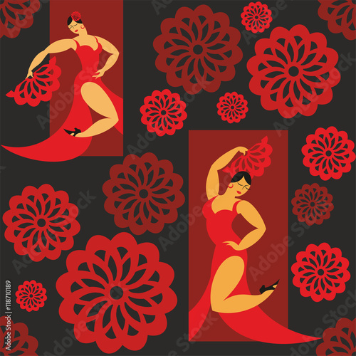 seamless pattern with the image of the dancers of a flamenco in a red dress