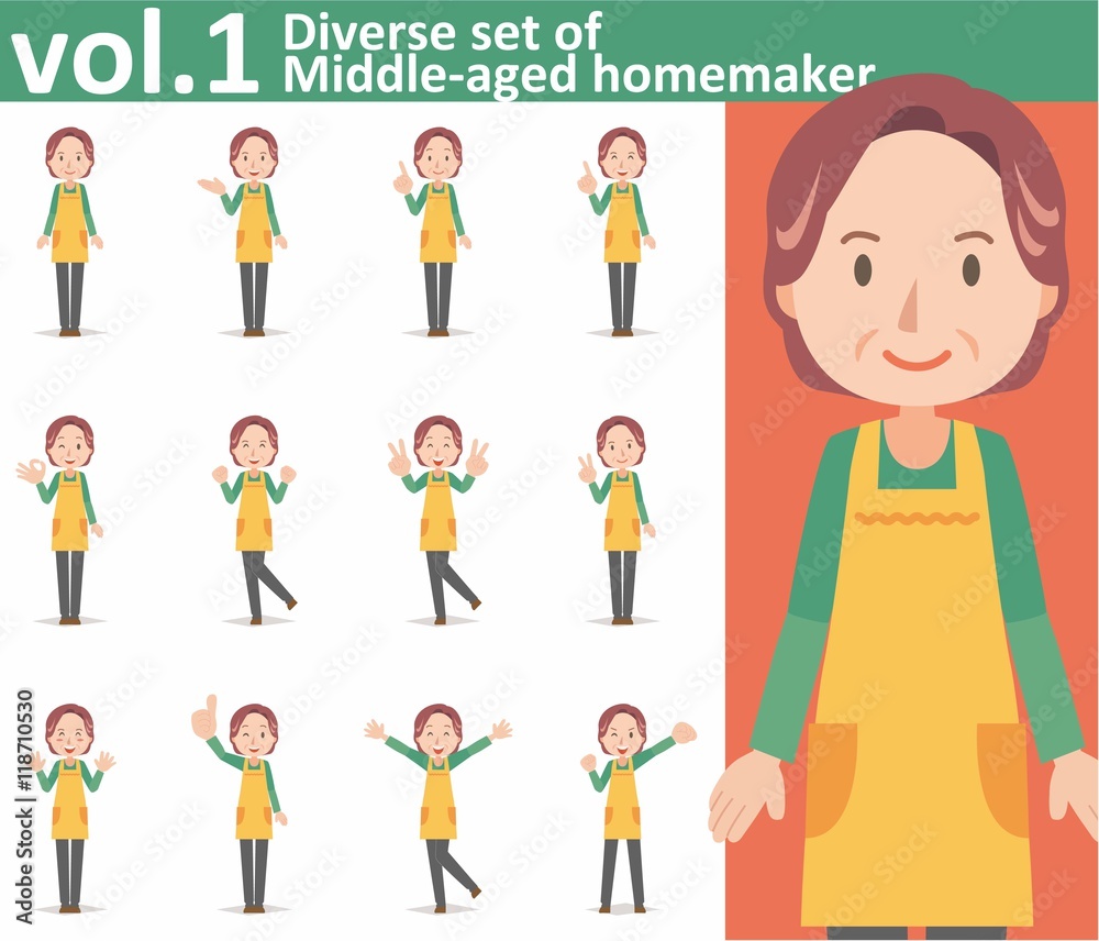 Diverse set of middle-aged homemaker wearing an apron on white background , EPS10 vector format vol.1 Diverse set of middle-aged homemaker wearing an apron on white background , EPS10 vector format vol.1