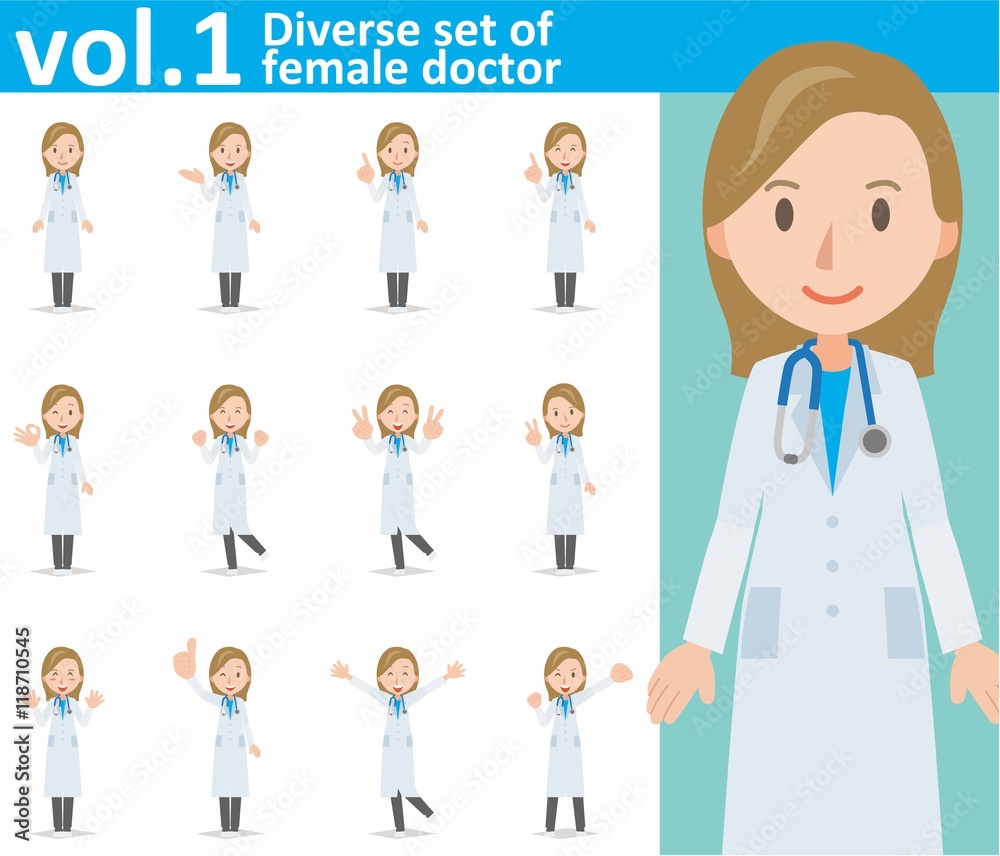 Diverse set of young female doctor on white background , eps10 vector format vol.1 Diverse set of young female doctor on white background , eps10 vector format vol.1