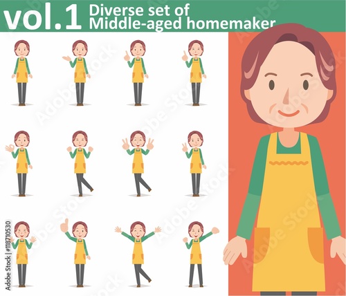 Diverse set of middle-aged homemaker wearing an apron on white background , EPS10 vector format vol.1