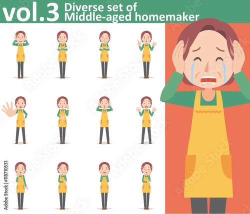 Diverse set of middle-aged homemaker wearing an apron on white background , EPS10 vector format vol.3