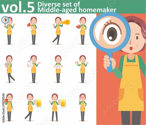 Diverse set of middle-aged homemaker wearing an apron on white background , EPS10 vector format vol.5