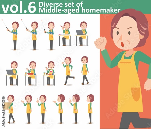 Diverse set of middle-aged homemaker wearing an apron on white background , EPS10 vector format vol.6